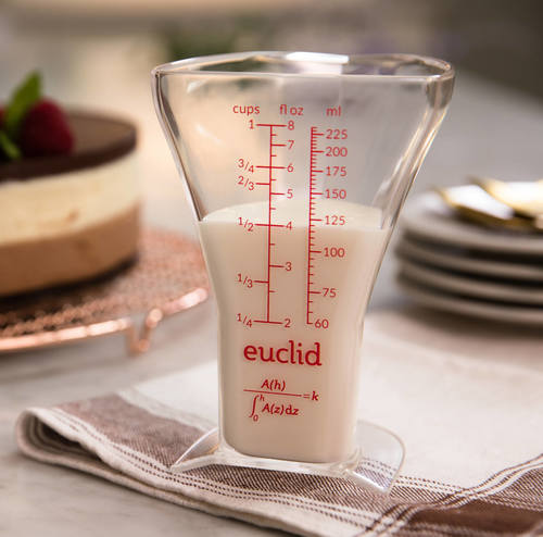 Euclid measuring cup next to cake